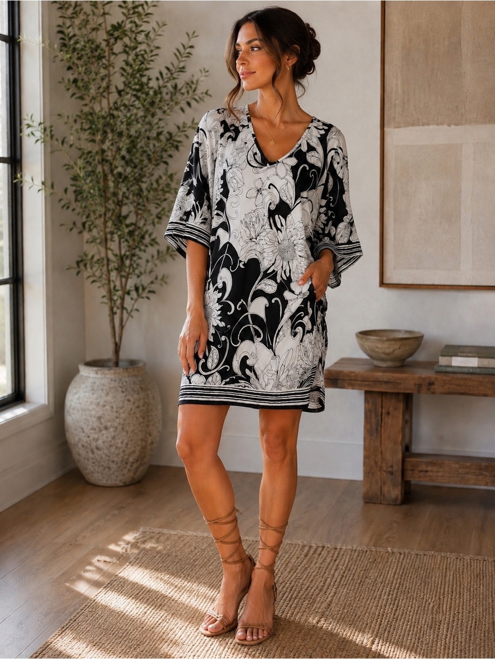 Trina Turk Size 8 Black White Floral Bell Sleeve Shift Dress NWOT